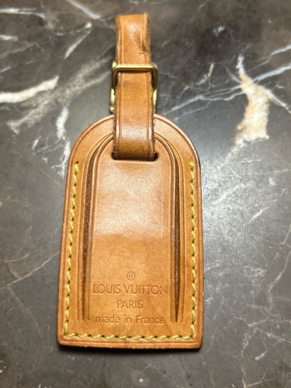 Louis Vuitton Brown Leather Luggage Tag with Yellow Stitching